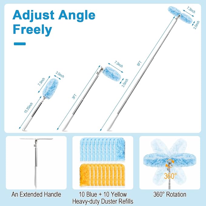 6 ft Extendable Duster Handle with 20 Refills | Duster with Extension Pole, Disposable Microfiber Dusting Pads for Home Cleaning,High Ceiling, Window, Hard-to-Reach Areas