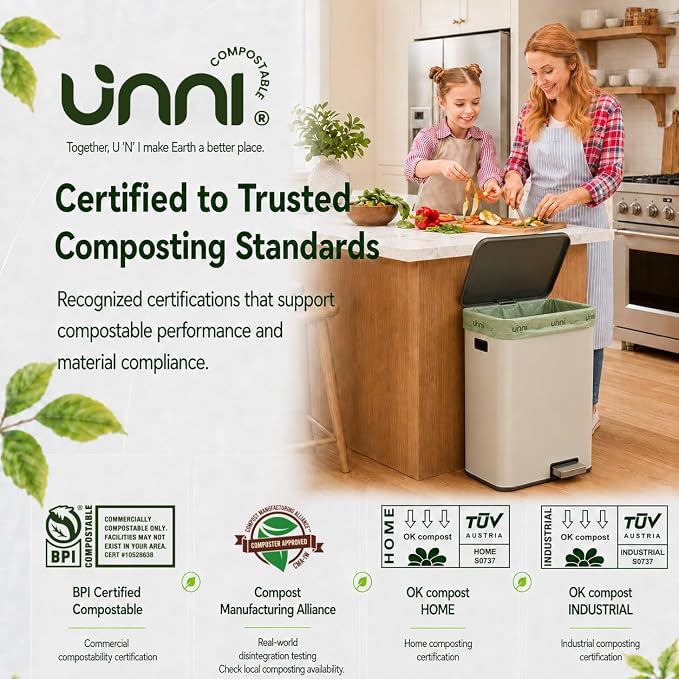 UNNI 13 Gallon Compostable Bags, 50 Count, 49.2 Liter, Extra Thick 0.9 Mil | Tall Kitchen Compost Bags for Pull-Out Food Scrap Bins, Wide Opening, Certified by BPI, CMA & OK compost HOME, ASTM D6400