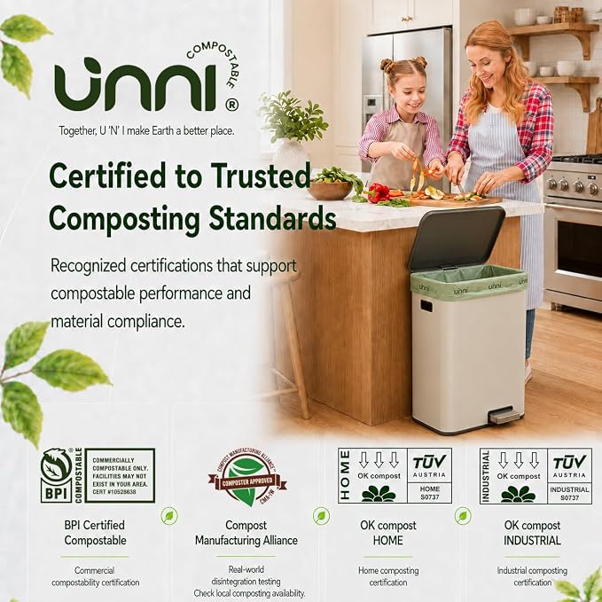 UNNI 13 Gallon Compostable Bags, 100 Count, 49.2 Liter, Extra Thick 0.9 Mil | Tall Kitchen Compost Bags for Pull-Out Food Scrap Bins, Wide Opening, 2 Packs of 50, Certified by BPI, CMA & OK compost HOME