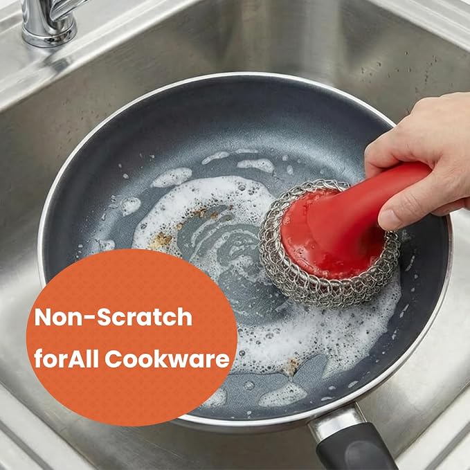 Cast Iron Scrubber with Long Handle Dish Scouring Pad Chainmail Cleaner | 316 Cast Iron Scrubber for Pan Skillet, Dishwasher Safe Cleaning Kit (Red, 1 Scrubber + 1 Scraper)