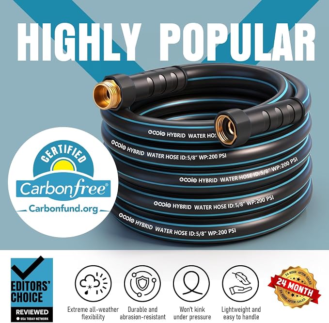 Garden Hose 25 ft x 5/8" with Nozzle, Water Hose Heavy Duty Flexible, Lightweight Kink-less Hybrid Hose with Swivel Handle, Male to Female Fittings