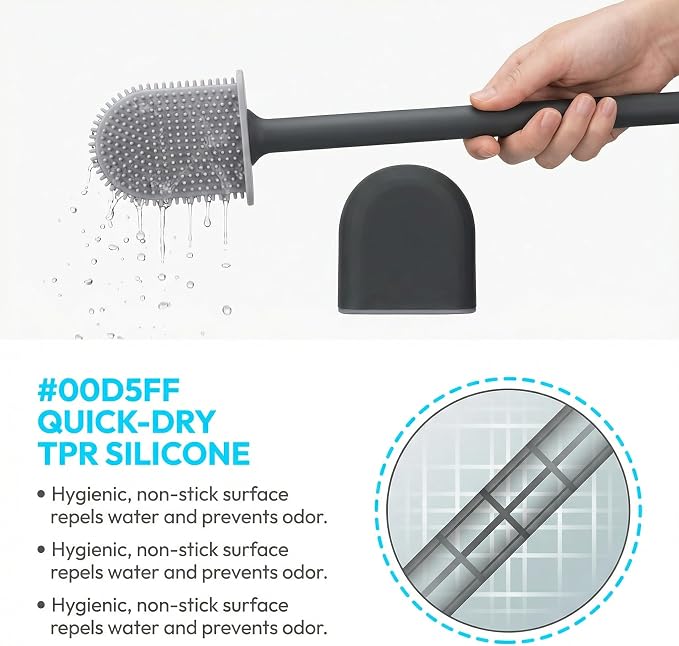 RV Silicone Toilet Brush with Holder, Drill-Free Wall Mounted Toilet Bowl Cleaner, Anti-Drip Anti-Roll Compact Brush for RV Camper & Small Bathroom (Black)