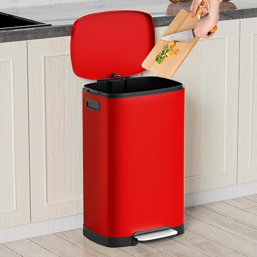 KdbK 13 Gallon Trash Can with Lid, 50L Fingerprint Proof Stainless Steel Kitchen Trash Can with Removable Inner Bucket and Lid Soft Close, Pedal Rubbish Bin for Home Office, Red