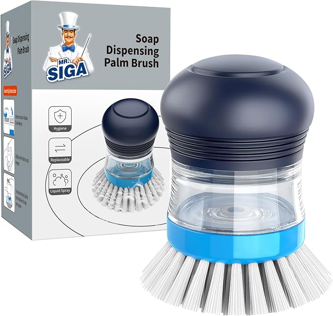MR.SIGA Soap Dispensing Palm Brush, 1 Pack, Navy/Blue | Dish brush with soap dispenser, palm scrubber, palm scrub brush, ideal for kitchen and dishes cleaning