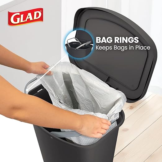 Glad 13 Gallon Trash Can with Clorox Odor Protection, 2 Pack | Plastic Kitchen Waste Bin | Hands Free with Step On Foot Pedal and Garbage Bag Rings, Charcoal