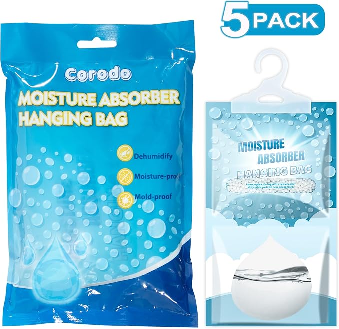 5 Pack Hanging Closet Dehumidifier Bags Moisture Absorbers for Cars | Fragrance Free Leakproof Moisture Absorbing Bags for Closet, Bathroom Bedment RV, Eliminates Odors for Fresher, Cleaner Air