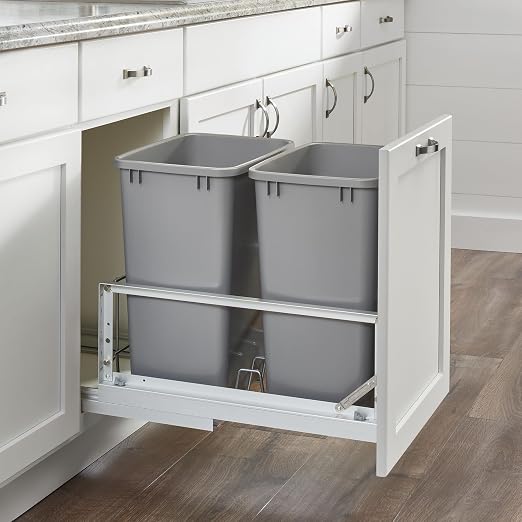 Rev-A-Shelf Double Pullout Garbage Trash Cans for Kitchen Cabinets, 35 Qt | Replacement Large Capacity Waste/ Recycling Bins for Kitchen Cabinet Pullouts, Silver, RV-35-17-2