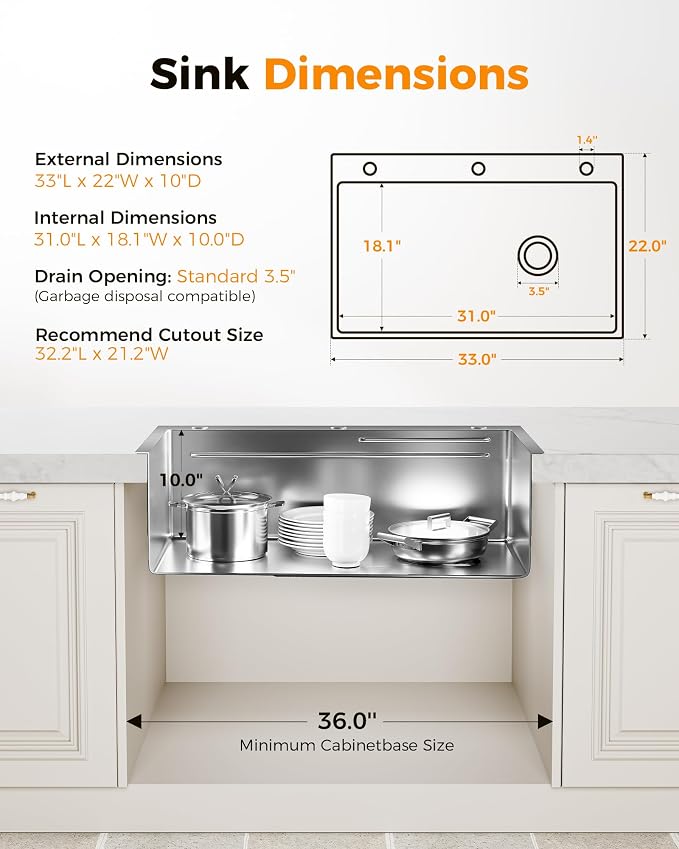 CAMMOO 33X22 Drop In Kitchen Sink, 304 Stainless Steel Workstation Sink | Pop-Up Drain, Workstation Sink, Upgraded Fast Drain, Topmount Single Bowl with Accessories, Foldable Grid for Easy Cleaning