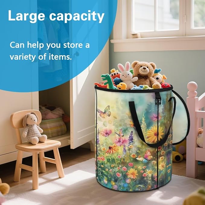 Daisy Floral Butterfly Print 24 Gallon Reusable Yard Waster Bag Garden Leaf Bin Collapsible Camping Trash Container Stand-up Waster Bin with Lid and Handles