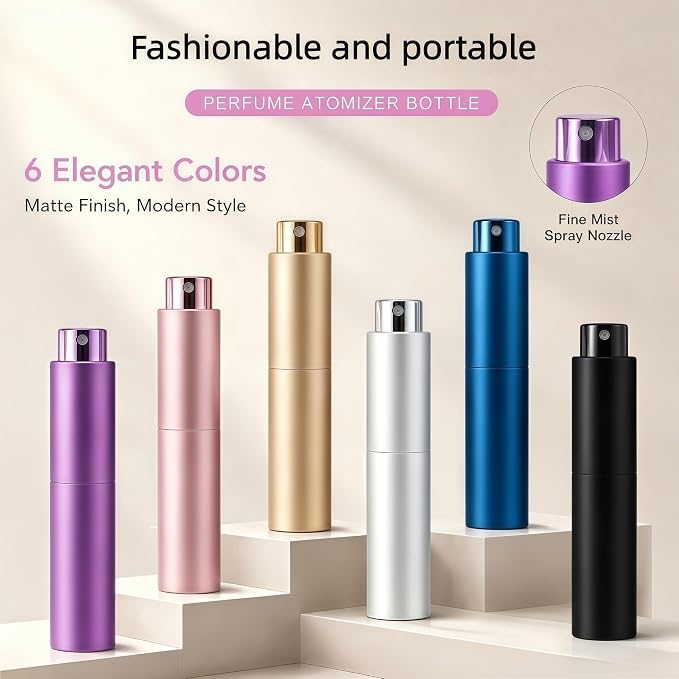 10ml Travel Perfume Bottle Refillable, Cologne Travel Bottle, Empty Atomizer Spray Dispenser, Portable Sprayer Travel Essentials for Men and Women (Black, silver, blue, gold)