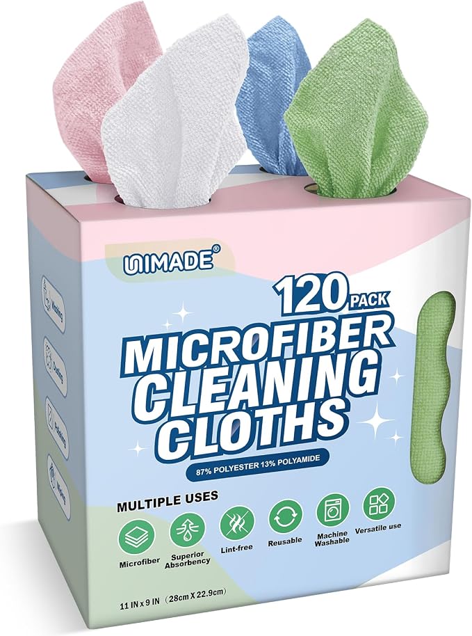 Microfiber Cleaning Cloth, 120 Pack Microfiber Towels for Cars | Reusable Paper Towels Lint Free Shop Rags with for Home Kitchen Automotive, 11"x 9", White & Green & Blue & Pink