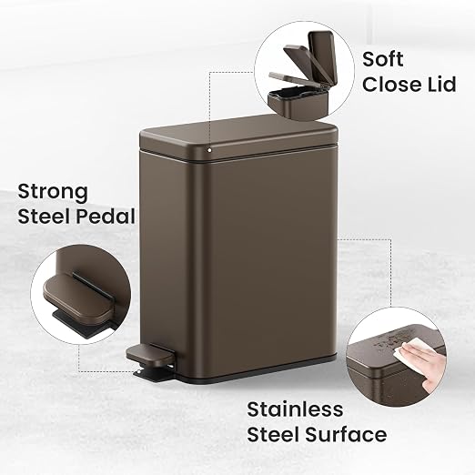 Cesun 2.6 Gallons Small Bathroom Trash Can with Lid Soft Close, Brown | Removable Inner Bucket, Small Stainless Steel Garbage Can for Bedroom/Office, Hands-Free Step Pedal, Fingerprint-Resistant