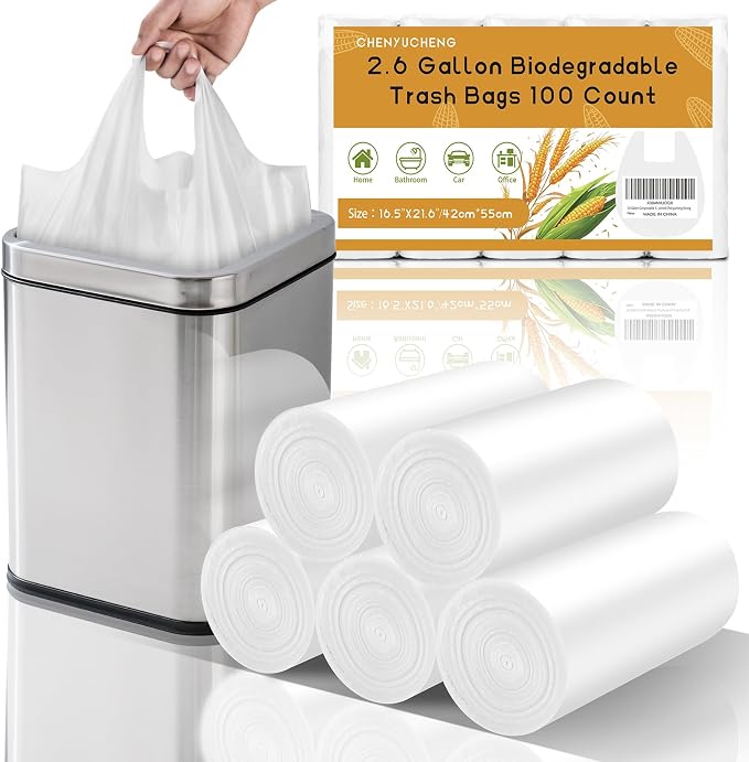 2.6 Gallon Small Trash Bags Bathroom With Handle 100 Count | Biodegradable White Mini Garbage Bags 10 Liter,Tiny Waste Basket Liners For Kitchen Office Car Unscented,Strong Thick