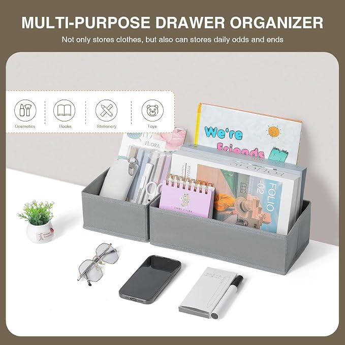 DIMJ Drawer Organizer Clothes Set of 8, Foldable Closet Drawer Organizer, Underwear Drawer Box, Fabric Drawer Dividers for Baby Clothes, Socks, Belt, Tie (Grey)