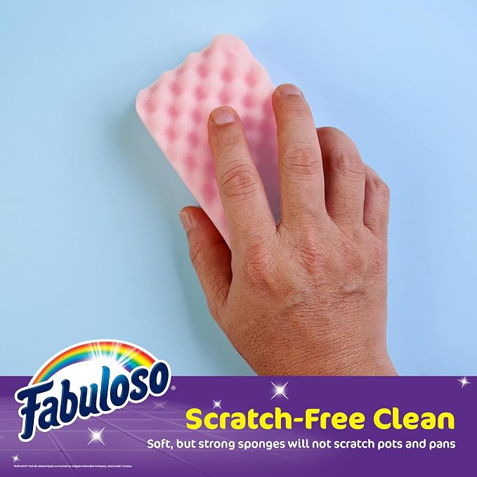 Fabuloso Scratch-Free Kitchen Dish Sponges, Purple, 12 Count Pack | Reversible pad and sponge combo, safe on nonstick cookware, ideal for everyday cleanup