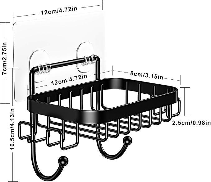ODesign Bar Ssoap Holder for Shower Stainless Steel with 6 Hooks-Black | Loofah, sponge, and razor holder, adhesive wall-mounted, no drilling, removable for cleaning, for kitchens and bathrooms