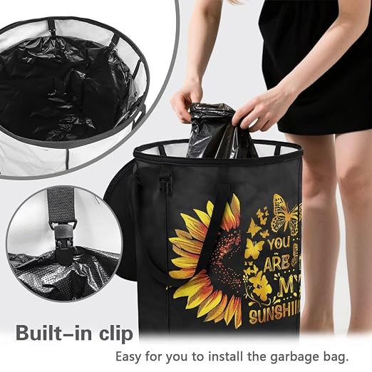 BIGCARJOB Outdoor Trash Can Storage Collapsible Pop-up Recycle Trash Can 22.83x17.71 Waterproof Garbage Bin Bag with Lid and Clip, You are My Sunshine