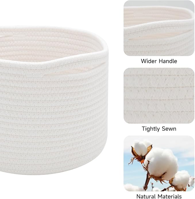 MiniArk Small Basket for Organizing | Cube Shelf Closet Storage Baskets | 9.7×9.7×7.1” | Woven Rope Gift Basket | Nursery | Round 3 Packs Off White