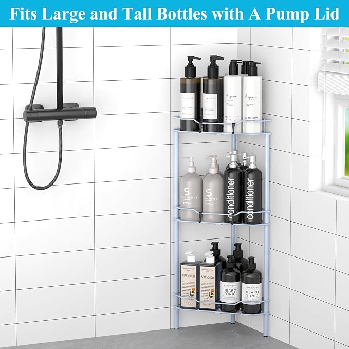 HuggieGems Metal Floor Standing Corner Shower Caddy, Blue, 3 Tier | Adhesive Bathroom Organizer Shelves, Free Standing Shower Rack with Hooks, Hold Large Shampoo Bottles