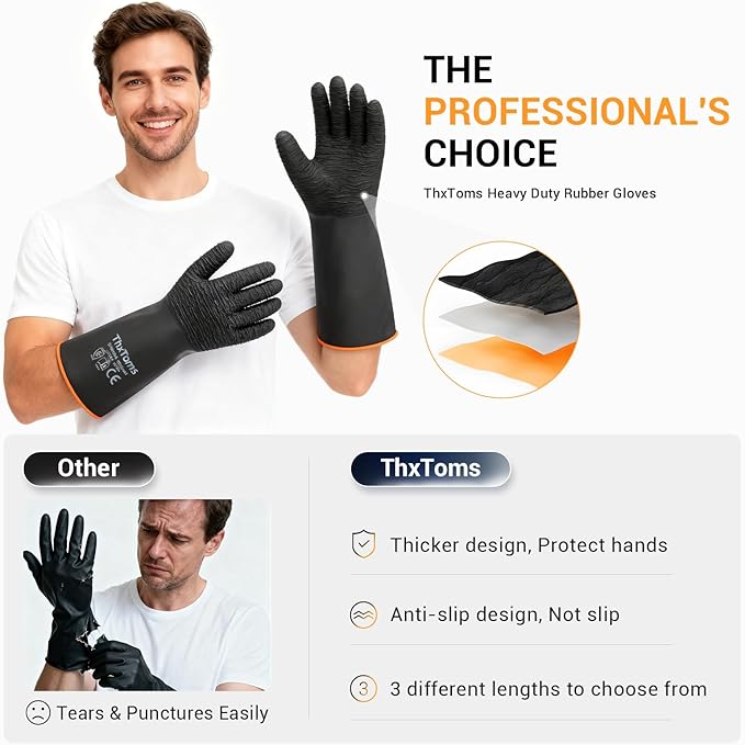 ThxToms Heavy Duty Rubber Gloves, 14" Upgraded with Non-Slip Design | 1 Pair Black Industrial Chemical Resistant Gloves Waterproof Reusable Protective Work Gloves for Dishwashing