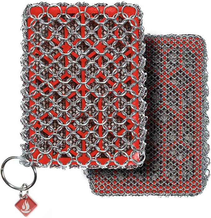 Knapp Made Premium Cast Iron Cleaner, 2-in-1 Combo Chainmail Scrubber with Silicone Core, Heavy Duty & Fine Mesh Rings for Cookware, Skillets and Pots, Premium Cast Iron Cleaner – Red