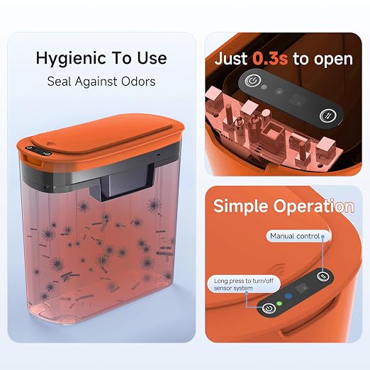 TIPGO Automatic Motion Sensor Bathroom Trash Can with Lid, 2.6 Gallon Touchless Trash Bin, Smart Garbage Can Plastic Slim Wastebasket for Bedroom, Office, Dorm (Orange)