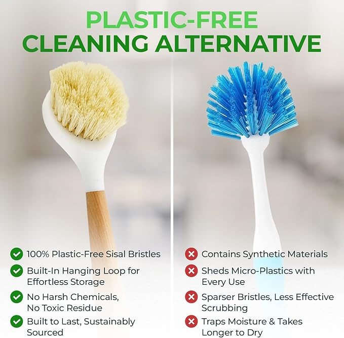 Wooden Dish Brush Set of 2 - Dish Brush with Handle Made of Wood & Sisal Bristles, Non Scratch Kitchen Scrub Brush for Dishes, Pots & Pans, Dish Scrubber with Plastic Free Bristles