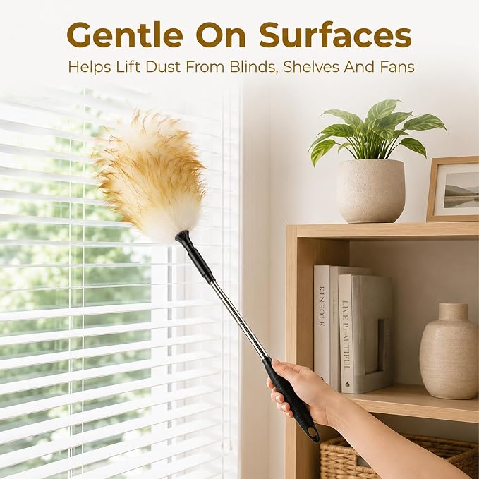 Lambswool Extendable Cleaning Duster 26-54 Inch, Stainless Steel Pole, Soft Non-Slip Handle, Washable & Reusable for High Ceiling Fans, Blinds, Furniture - Yellow & White