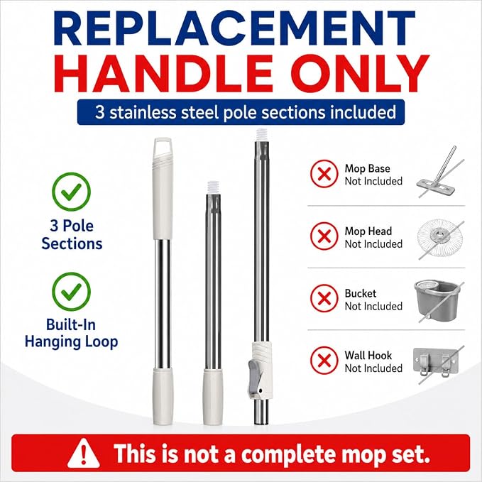 RinseWise Spin Mop Replacement Handle Only, 3-Section Stainless Steel Pole with 35/49/61 in Length Options, Fits All Tsmine FunClean Models, Not Universal, No Mop Head, Base or Bucket - White