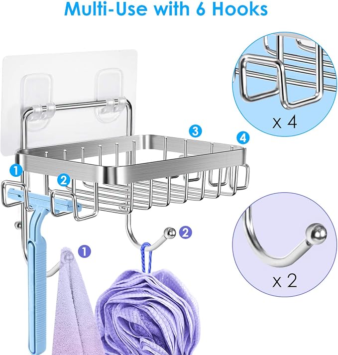 ODesign Soap Holder for Shower Wall Stainless Steel with 6 Hooks -Silver | Loofah, sponge, and razor holder, adhesive wall-mounted, no drilling, removable for cleaning, for kitchens and bathrooms