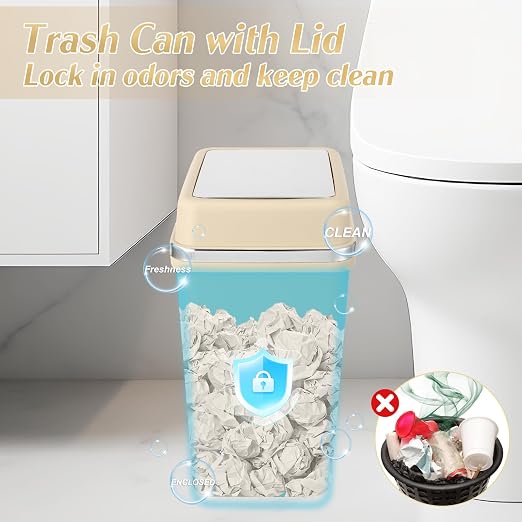 Bathroom Trash Can with Lid 4 Gallon Trash Can Beige Trash Can with Swing Lid Small Garbage Can with 150 Counts Trash Bags for Bathroom Bedroom Office Restroom Dorm