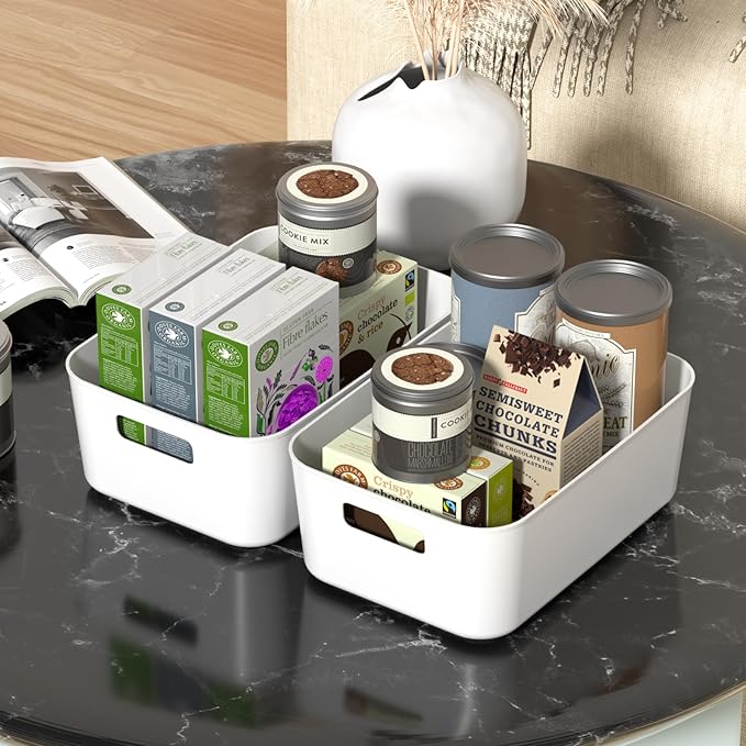 12 Packs Plastic Pantry Organizing Bins, Small Open Storage Bin | White Plastic Container, Cabinet Organizer Bin