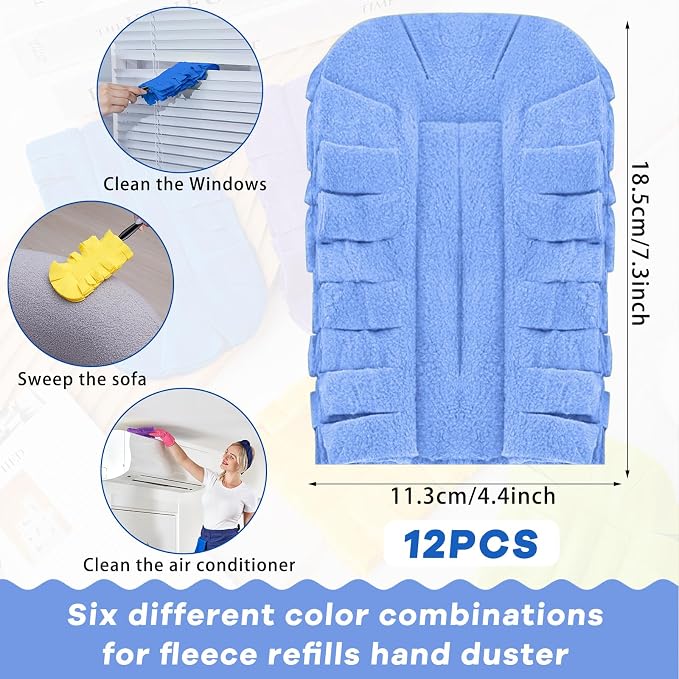 Zubebe 12 Pcs Reusable Duster Refills Fleece,Bright Color | Soft Polyester Fiber Flat Duster Refill Multi Surface Washable Cleaning Pad Tools for Home, Blinds, Car, Pet, Furniture, Fans