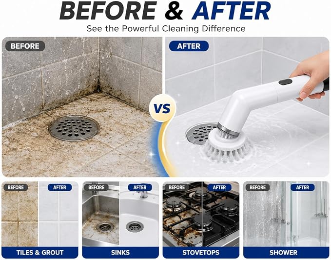 Electric Spin Scrubber Cordless Cleaning Brush, USB Rechargeable Power Scrubber for Bathroom, Kitchen, Tile, Grout, Sink & Shower Cleaning, 4 Replaceable Brush Heads, Portable Handheld Cleaning Tool