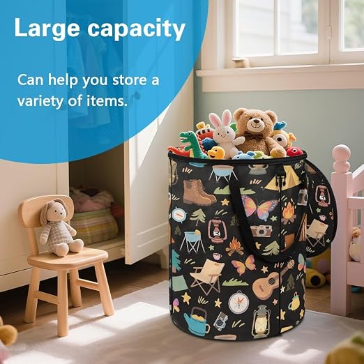Black Collapsable Trash Can with Lid 20+ Gallon Cute Trash Can Bags with Butterfly Tent Print Waterproof Outdoor Garbage Cans for Camping, RV's, Picnic