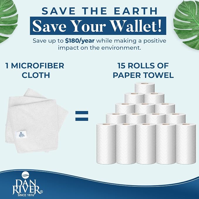 DAN RIVER 12-Pack White Microfiber Towels – Ultra Absorbent, Lint-Free & Streak-Free dust Cloths for Home, Car & Kitchen - Must-Have Cleaning Essentials - 12" x 12"