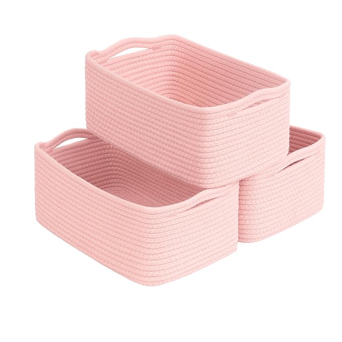 Goodpick 3-Pack Storage Baskets, Dorm Decor for Gifting, 13 x 8 x 5 in | Woven Baskets for Shelves, Closet Organizer Bins,Empty Baskets for Gifts, Woven Basket for Play Room, Pink