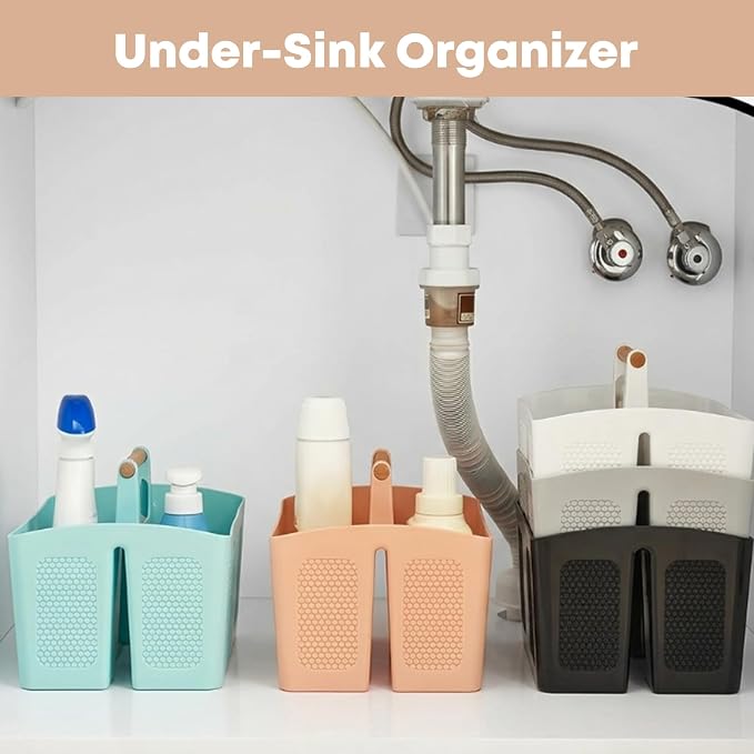 Haundry Portable Shower Caddy Tote with Wooden Handle, 3 Compartment Plastic Organizer Basket for College Dorm Essentials, Bathroom Cleaning Supplies, Gray