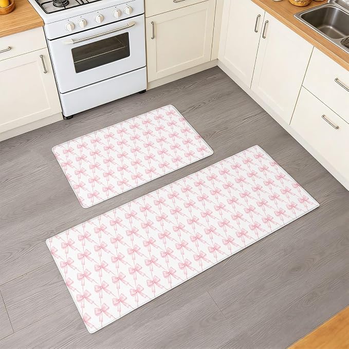Feelyou Pink Bow Kitchen Rugs 2PCS Cute Bowknot Kitchen Mats Cushioned Anti Fatigue Girls Bow Non-Slip Standing Desk Mat Waterproof Floor Rug Set,17.32x29.53+17.32x47.24 inch
