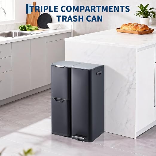 TrailBlaze Triple Compartment Stainless Steel Trash & Recycling Bin Combo – 16 Gallon, Removable Inner Buckets, Collapsible Foot Pedal – Kitchen, Home, Office, Indoor Use