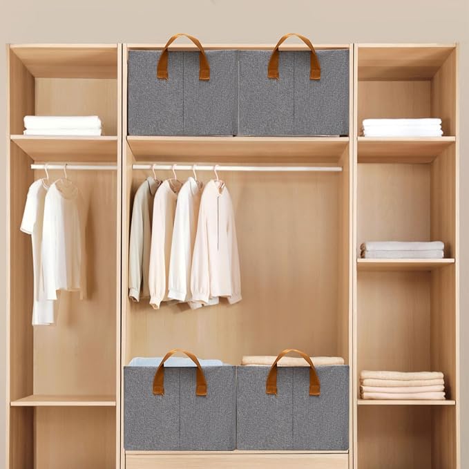 SNWDN 6 Pack Closet Cloth Storage Bins with Handles（ Gray 15''L x 10.2''W x 8.2''H）