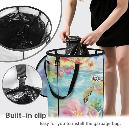 Floral Turtle 24 Gallons Collapsible Camping Trash Can with Lid Waterproof Pop Up Garbage Can for Outdoor Large Capacity Reusable Trash Bin for Yard Lawn Garden Garbage Bag