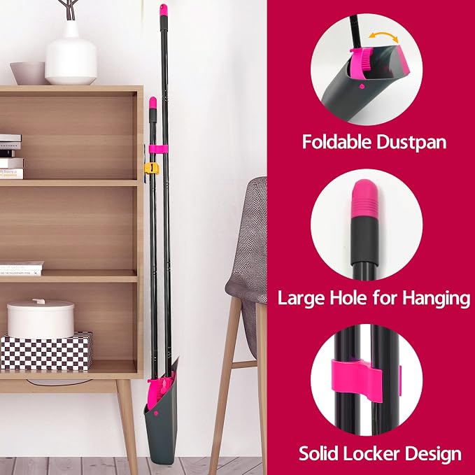 JEHONN Broom with Dustpan Combo Set, Long Handle Lightweight Indoor Broom Set, Upright Standing Dust Pan with Comb Teeth Store Sweep Set for Home Room Kitchen Office Lobby (Rose Red)
