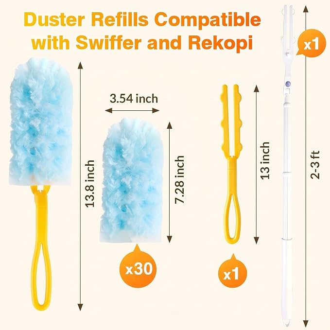 Duster Refills for Swiffer Duster with 3ft Extension Pole & Short Grip 30ct | Heavy Duty 360° Disposable Dusters, Multi Surface Dusters for Cleaning Ceiling Fans, Furniture, Blinds & Hard-to-Reach Areas