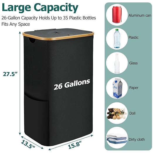 Recycling Bin for Kitchen, 26Gal (100L) Indoor Recycle Trash Can with Lid | Oxford Fabric Large Recycling Bin with 2 Removable Reusable Inner Bags for Bottle Can Glass Plastic Waste, Black