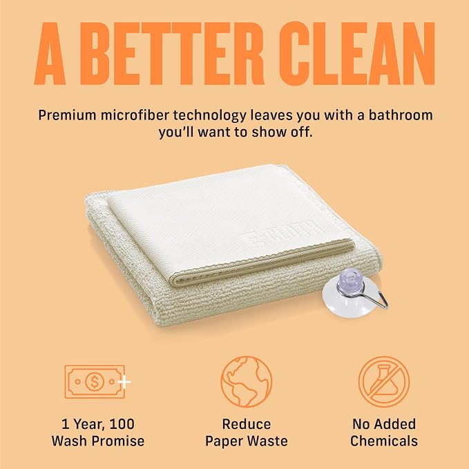 E-Cloth Shower Cleaning Kit, Reusable Microfiber Cleaning Cloth, Ideal Shower Cleaner for Glass, Tile, Ceramic, Bathroom and Bathtub, 100 Wash Guarantee, Ivory, 2 Cloth Set
