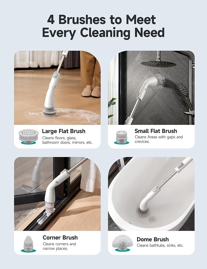 Electric Spin Scrubber HS1, Cordless Shower Scrubber for Cleaning with 4 Replaceable Brush Heads Adjustable Extension Handle, IPX7 Waterproof Cleaning Brush for Bathroom Floor White
