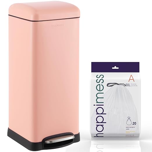 happimess Betty 8 Gal Step Trash Can Soft-Close Lid, Flamingo Pink | Removable Liner, Semi-Rectangular, Steel Pedal, Iron Powder Coated, 27" Height, Non-Skid Base