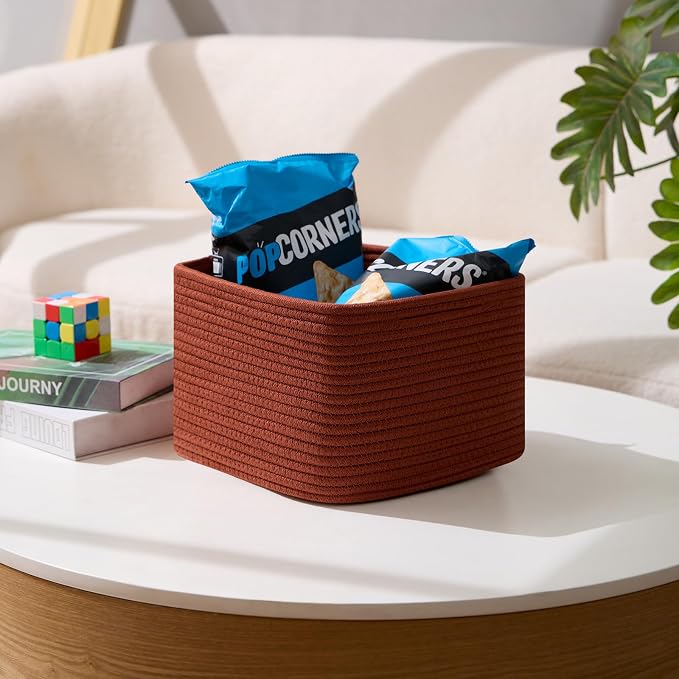 MiniArk Small Organizing Baskets for Cubes Shelf, 9.7x9.7x7.1 Inch Rope Woven Storage Bins for Nursery Shelves Storage, Cute Toy Basket, Square 3 Packs Oxide Red