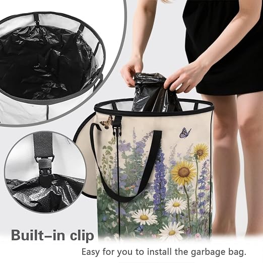 Butterfly 24 Gallon Pop up Trash Can for Camping Collapsible Portable Trash Can with Lid and Handle Waterproof Outdoor Garbage Bin Reusable Storage Bags for Yard Garden Waste